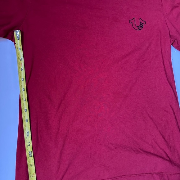True Religion Brand Jeans Men’s Sz Small Burgundy  T-Shirt Multi logo Buddha - Picture 5 of 6